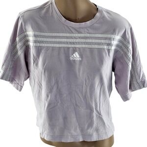 Adidas Shirt Womens Small Purple Striped Cropped Logo Tee Casual Sports 3 Stripe
